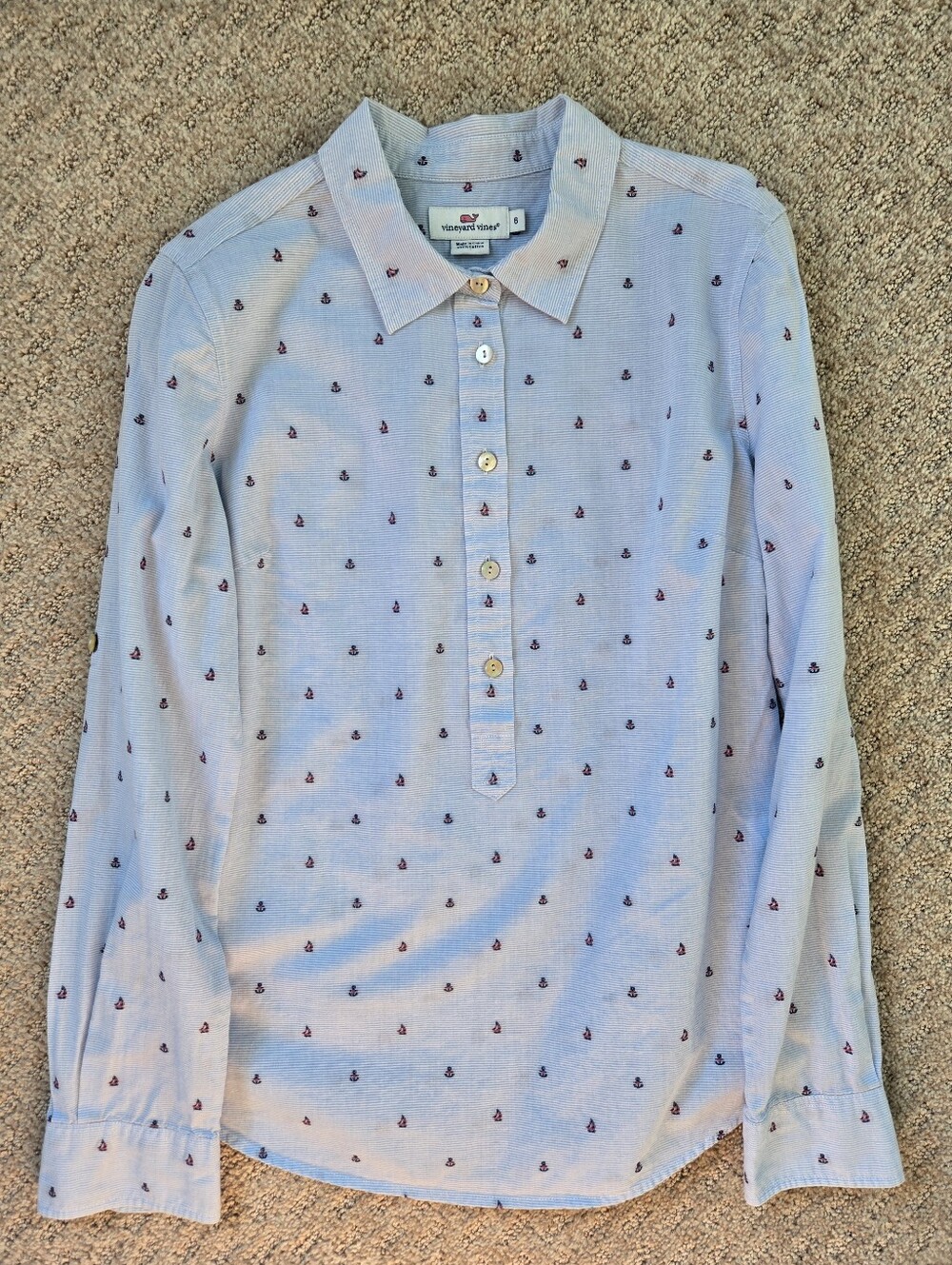 Vineyard Vines Pale Blue Long-Sleeve Button-Down with Navy Micro Anchor Print